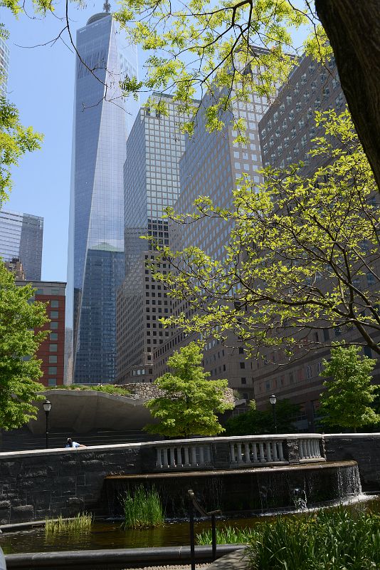 24-08 Fountain In Nelson A Rockefeller Park With Irish Hunger Memorial, World Trade Center and Brookfield Place Behind In New York Financial District